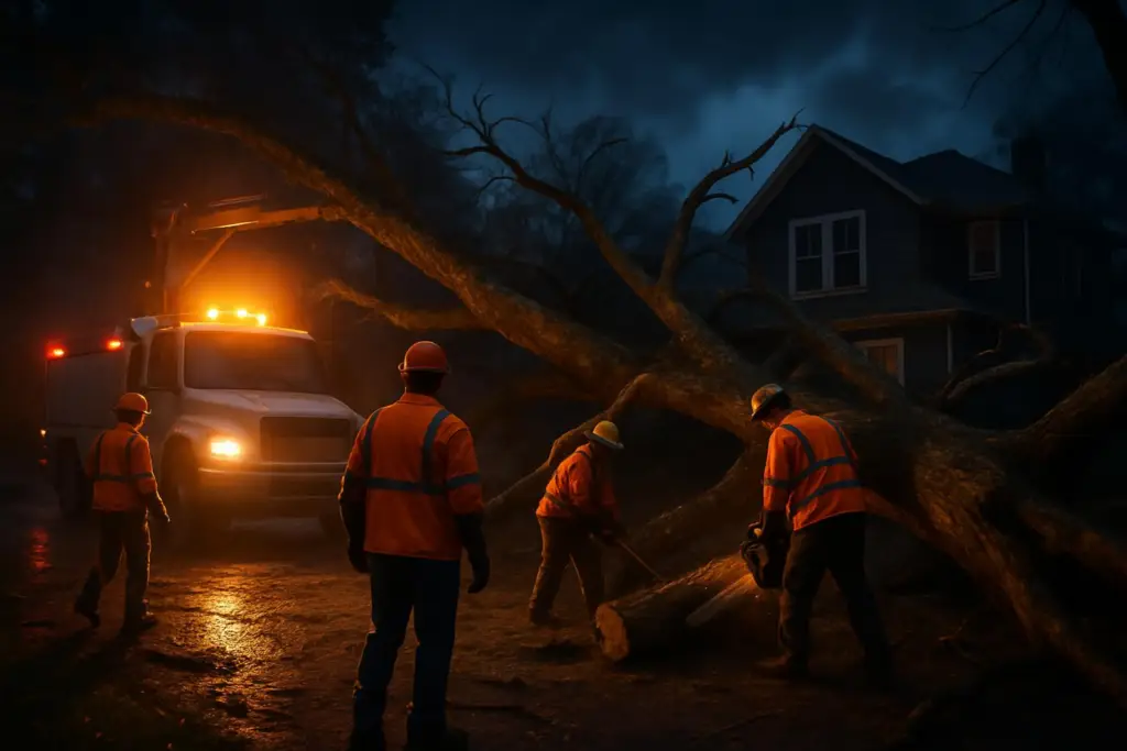Emergency tree service crew removing fallen tree at night, featuring workers in safety gear and a truck with flashing lights, emphasizing safety and professionalism in tree removal.